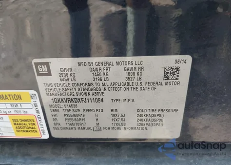 2015 GMC Acadia Slt-1 from USA, damaged, VIN 1GKKVRKDXFJ111094